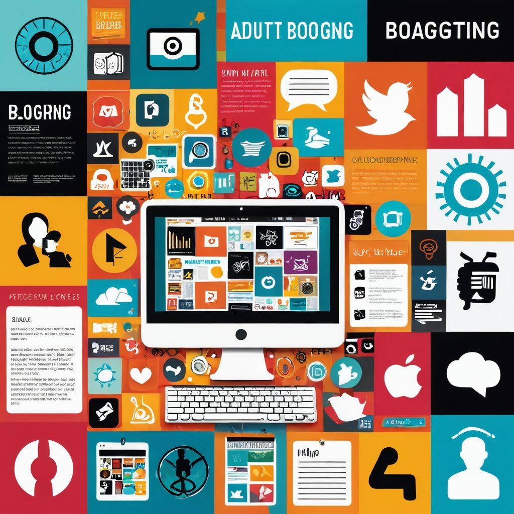 A dynamic collage that showcases the evolution of adult blogging, featuring vintage blog interfaces transitioning to modern sleek designs. Include symbols of popular trends in adult entertainment like webcams, smartphones, and social media icons. Layer in statistics and insights floating around, depicted as colorful infographics. Infuse a vibrant color palette to reflect excitement and diversity in the industry. vector art. vibrant colors. white background.