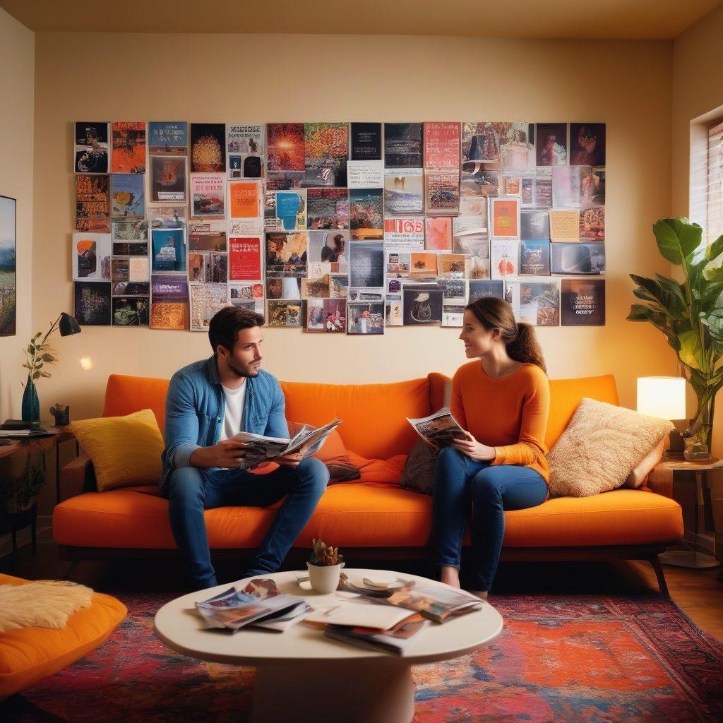 A contemporary couple engaged in a deep conversation, surrounded by various forms of adult media such as magazines, smartphones, and screens showing diverse content, symbolizing the influence of media on relationships. The setting is a cozy living room with warm lighting, creating an intimate atmosphere. Bring in elements of curiosity and thoughtfulness on the couple's faces, showcasing different perspectives. vibrant colors. modern art style.